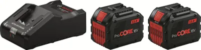 A charger and two batteries for a power tool.
