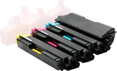 Four toner cartridges are arranged diagonally on a white background. The front three cartridges are in focus and show their respective colors (yellow, pink, and cyan). The fourth cartridge, black, is slightly out of focus and behind the others. Faint, out-