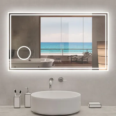 Image de Miroir de salle de bain LED 120x70cm Tricolor anti-buée avec bluetooth simple, horloge et miroir grossissant 3x