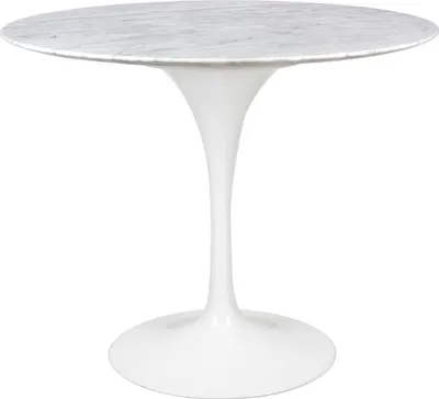 A white tulip-style table with a round marble top.