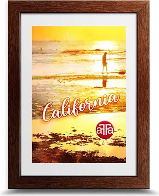 A framed picture of a beach scene at sunset with the word 'California' and a logo.