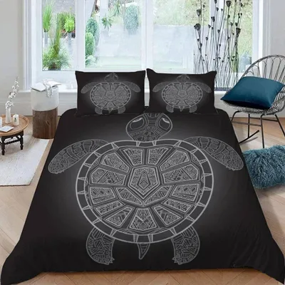 Productafbeelding van Beddengoedset, 220x240 cm, 3-delig, met 2 kussenslopen van 80x80 cm, 100% microvezel, grijs, met schildpadmotief
