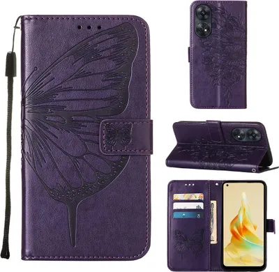 Produktbild von Lederhülle für OPPO Reno8 T 4G Schmetterling Prägung Flip Ledertasche Kartenfächer Handyhülle mit Ständer Lila