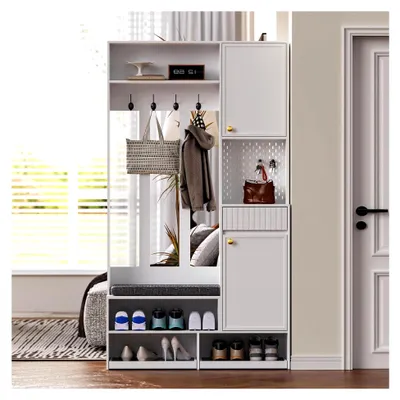 Produktbild von Garderobenset Komplett-Set Flurgarderobe mit Sitzbank, 4 Haken, Türen und Schubladen - Weiß, kompakte Maße 100×180×35 cm (B×H×T)