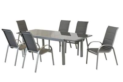 Produktbild von Merxx Gartenmöbel Set graphit 7tlg., 6 Stapelsessel, 1 Ausziehtisch 180 (250) x 100 cm - Aluminium/Textil
