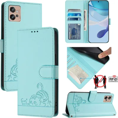 Obrázek produktu pro Kožené pouzdro pro Motorola Moto G32, sladká kočka Flip pouzdro s funkcí stojánku a peněženkou světle zelená