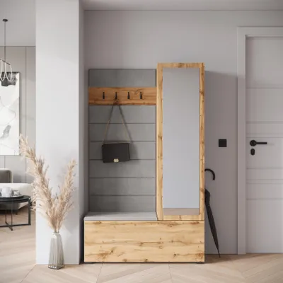 Zdjęcie produktu dla MINIO go for it, szafa TOKAT II z lustrem, półką na buty, drążkiem na ubrania i tapicerowanymi panelami ściennymi, 115 x 192 x 37,5 cm, kolor dąb Wotan