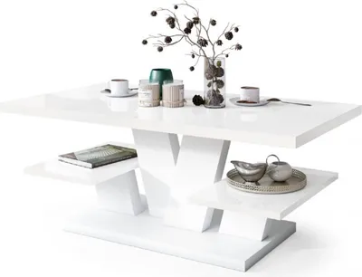 Produktbild von All4All Couchtisch Valerio , Wohnzimmertisch , Kaffeetisch , Tisch mit Ablagen , Esszimmertisch , Coffee Table , 110x60cm , 05 , Weiß Hochglanz + Weiß