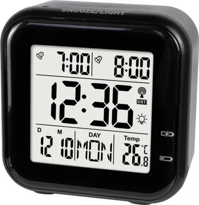 A black digital alarm clock with a clear display showing the time, date, and temperature.
