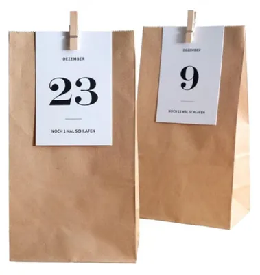 Adventskalender zum Befüllen, 24 Tüten, Kraftpapier, DIY, braun-weiß
