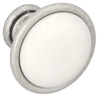 Zdjęcie produktu dla Przycisk do mebli, wykonany z zamaku i porcelany. Średnica 34 mm. Wykończenie: srebrne, szczotkowane