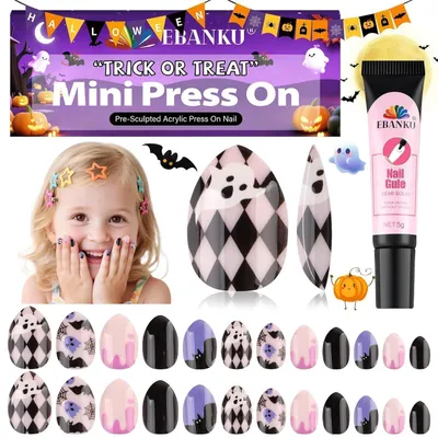 Productafbeelding van Kunstnagels voor kinderen, 24 stuks, amandelvorm, Halloween-design, met nagellijm