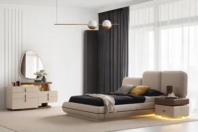 Produktbild von Beige Schlafzimmer Designer Garnitur Polsterbett Nachttische Spiegel