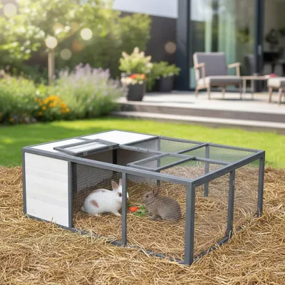 Two rabbits in a hutch on straw, with a garden and patio in the background.