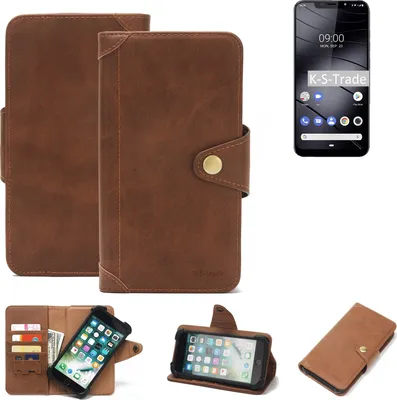 A collage of images showing a brown leather wallet-style phone case for a Gigaset GS195 phone, with various views and angles.
