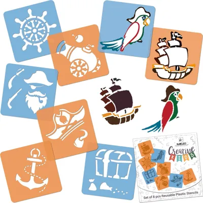 Immagine prodotto di Stencil pittura per bambini, set 8 pezzi 15x15 cm pirati, stencil disegno creativo bambini, stencil pittura riutilizzabile plastica