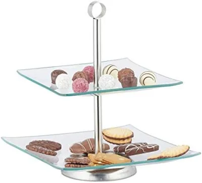 Produktbild von PolkaHome® Etagère 2-stöckig quadratisch – Servierplatte für Cupcakes, Kekse, Obst, Muffins – Glas & Edelstahl, Silber/Transparent