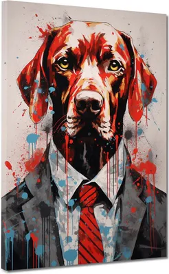 Produktbild von Hund im Anzug Pop Art Red Leinwandbild Wandbild Kunstdruck XL Wanddeko: 120x160x4cm