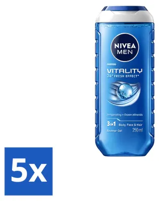 Zdjęcie produktu dla 5 sztuk żelu pod prysznic Nivea Men Vitality 3w1 - 250 ml - zestaw ekonomiczny