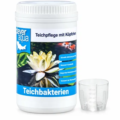 Clever Aqua Teichbakterien, 1.000 ml mit Messbecher auf weißem Hintergrund, Obraz wygenerowany przez AI