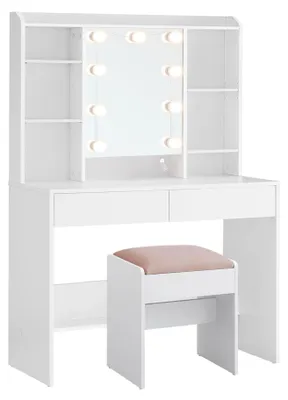 Image de VASAGLE : Table de maquillage avec éclairage, luminosité réglable, tabouret et miroir