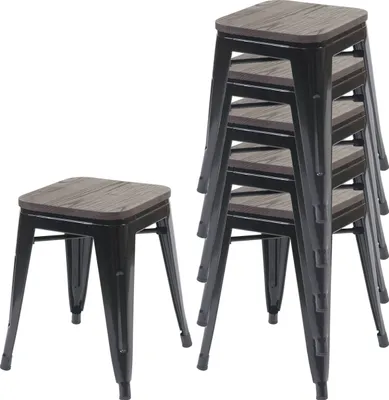 Produktbild von 6er-Set Hocker HWC-A73 inkl. Holz-Sitzfläche, Metallhocker Sitzhocker, Metall Industriedesign stapelbar  schwarz