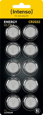 A blister pack of 10 Intenso Energy Ultra CR2032 lithium coin cell batteries.