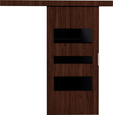 A sliding door with a wood grain finish and three black glass inserts.
