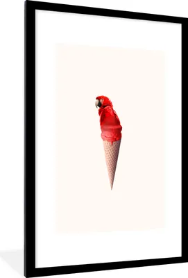 Produktbild von MuchoWow® Gerahmtes Poster Eiscreme - Papagei - Rot - Eistüten - Weiß 60x90 cm - Poster mit Schwarzem Bilderrahmen Wandposter Rahmen Foto Bilder - Dekoration - Wandposter Wohnzimmer - Hochwertig