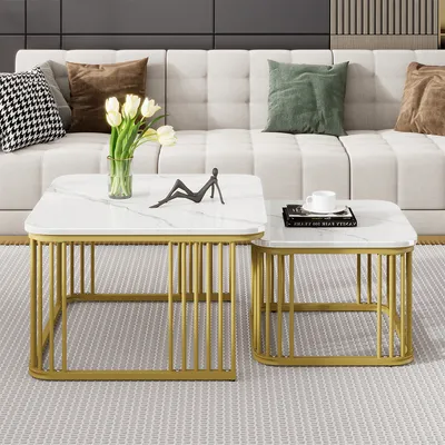 Produktbild von 2er Set Couchtisch mit Goldenen Beinen Beistelltisch Quadratische Hochglanz Marmoroptik 70x70x45cm und 50x50x36,5cm
