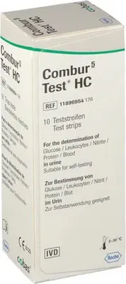 A product shot of a box of Roche Combur 5 HC urine test strips.
