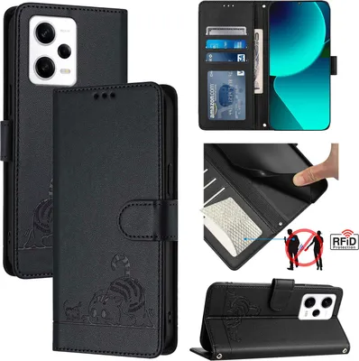 Produktbild von Leder Hülle für Xiaomi Redmi Note 12 Pro+ 5G Süße Katze Flip Case Brieftasche Schutzhülle mit Standfunktion Schwarz