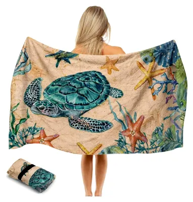 Produktbild von Mikrofaser Strandtuch 180 x 90 cm, Schildkrötenmotiv, Schnelltrocknend und Sandabweisend, Ideal für Strand, Urlaub und Sauna