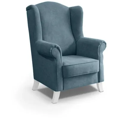 Produktbild von Ohrensessel LEONARDO Relax Sessel für Wohnzimmer, Polstersessel, Plüsch Blau, Holzbeine Weiß