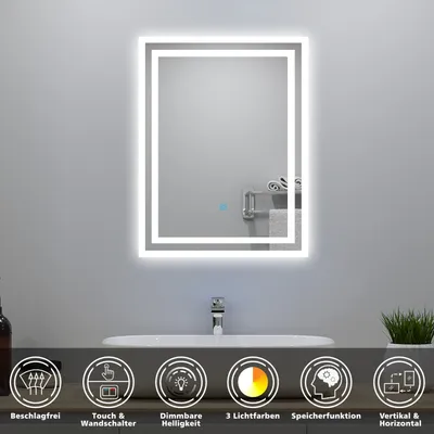 A modern bathroom vanity with a lit mirror above a sink. The bottom of the image features icons describing product features.