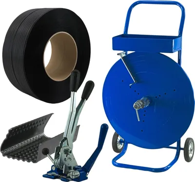 Produktbild von 12 mm PP Umreifung Set Umreifungsband Abrollwagen Verschlussgerät Hülsen 3000m