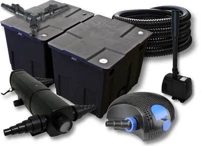 Zdjęcie produktu dla Kompletny zestaw SunSun: filtr do oczka wodnego CBF-350B o pojemności do 60000 l, pompa do oczka wodnego CTF-12000 12000 l/h 100 W, osadnik do oczka wodnego CUV-236 36 W, wąż do oczka wodnego 25 m 25 mm, fontanna HJ-943 800 l/h 16 W, rozdzielacz Y