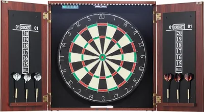 Produktbild von Dartschrank Set - Offizielle Größe Dartscheibe 45x3,8 cm - MDF Darts und LED Beleuchtung - Professionelles Dartspiel Zubehör