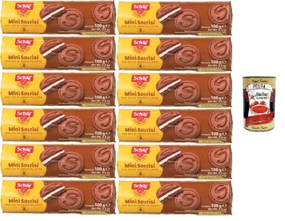 Produktbild von Schar, Mini Sorrisi, Biscotti senza glutine al cacao con crema al latte Mini Sorrisi, glutenfreie Kakaokekse mit Milchcreme 12x100gr + Italian Gourmet polpa 400g
