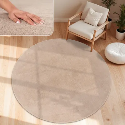 Produktbild von Moderner Wohnzimmer Teppich Kurzflor Waschbar Weich Felloptik Anti-Rutsch Grösse 80 cm Rund