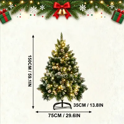 Produktbild von YARDIN PVC Weihnachtsbaum & Kunstweihnachtsbaum 150 cm, Schnee‑Effekt, Christbaum mit warmweißer LED‑Beleuchtung, Kiefernzapfen, Weihnachtsdekoration