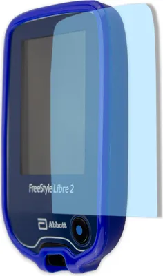 A blue Freestyle Libre 2 glucose meter with a protective film partially covering it.
