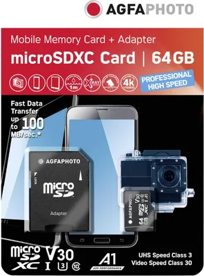 Zdjęcie produktu dla AgfaPhoto MicroSDXC UHS-I 64GB High Speed C10 U3 V30 + Adapter