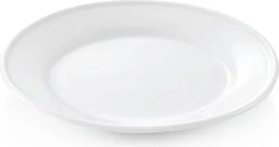 A single white plate on a white background.