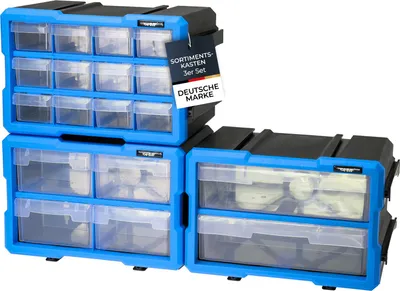 Produktbild von HMF Sortierbox für Kleinteile mit Schubladen, 3er Set, erweiterbarer Sortimentskasten für Schrauben und Werkzeug, 36 Fächer, 29,5 x 19,5 x 16 cm, Blau-Schwarz