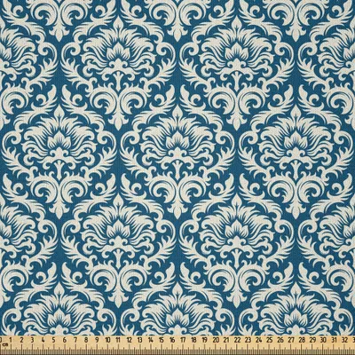 Produktbild von ABAKUHAUS Damast Microfaser Stoff als Meterware , Ornamental Damast Muster Viktorianischen Stil Barock Bio Motive Schablone Kunst, 10 M (230 x 1000 cm), Blau Weiss