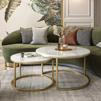 Produktbild von Runder Couchtisch CIRI 2in1 Gold Matt, Gold Matt / Weiß hochglanz