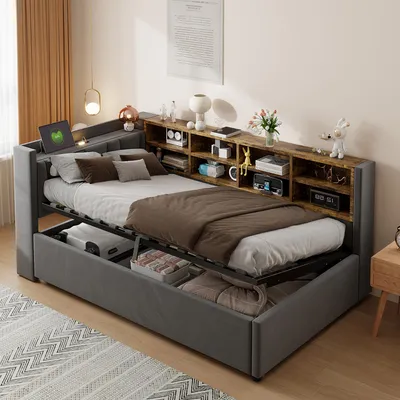 Image de Lit de jour rembourré Merax, 90x200 cm, avec port de charge USB et Type-C, lit pour enfant avec veilleuse LED, espace de rangement hydraulique, étagères, gris