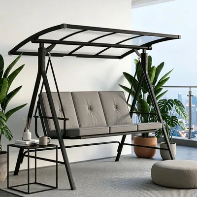 Immagine prodotto di BEALIFE Altalena da giardino a 3 posti con tettuccio e cuscini | Portata 230 kg, altalena da giardino | Giallo chiaro/Grigio | CD02