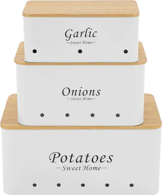 Produktbild von Gemüse-Aufbewahrung - Vorratsdosen & Aufbewahrungsboxen - Für Zwiebeln, Kartoffeln, Knoblauch - 3-teiliges Set - Weiß